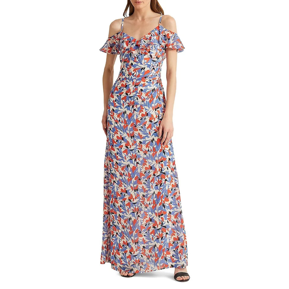 Lauren Ralph Lauren Women Floral Georgette Cold-Shoulder Maxi Gown Dress Size 16